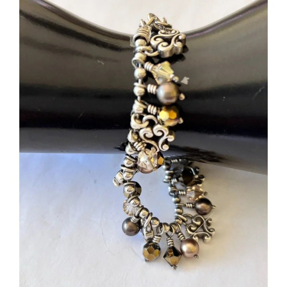 Brighton Bronze Faux Pearl Silver Bead Crystal Charm Bracelet - Picture 4 of 5